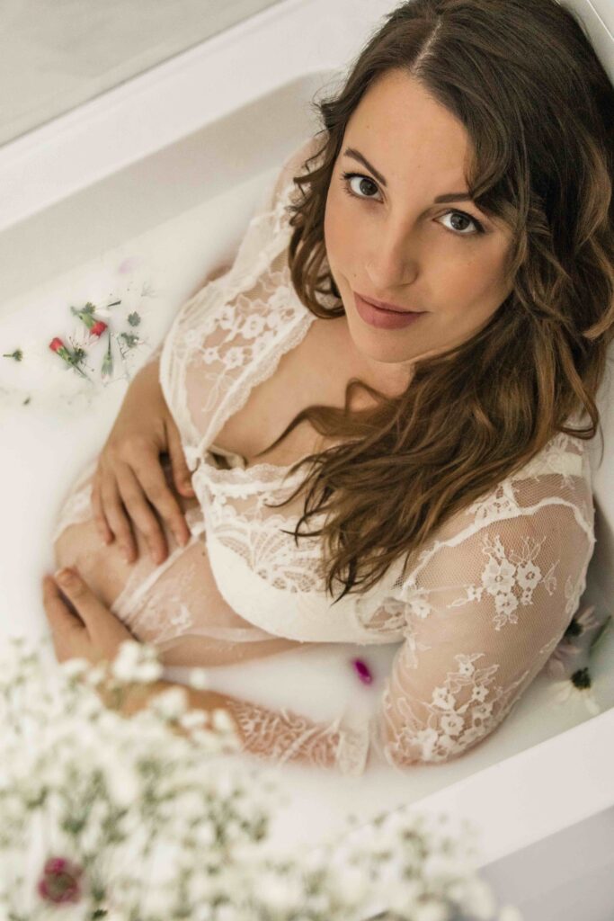 White lace maternity outfit in flower milk bath, Gold Coast QLD